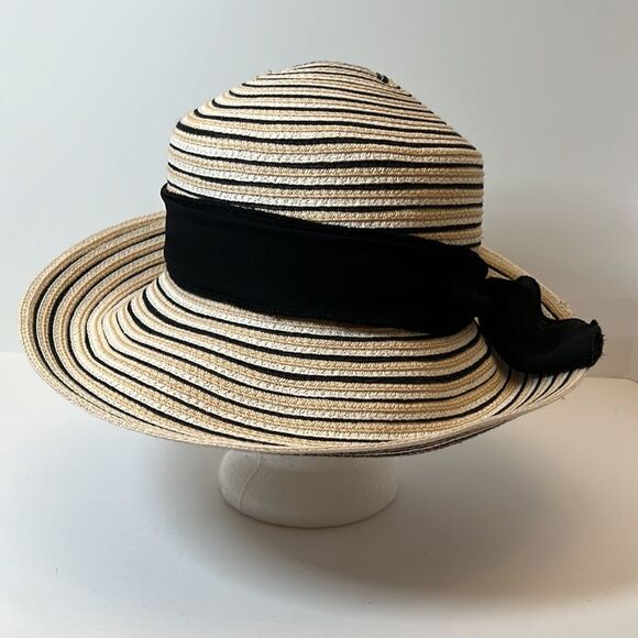 Preston & York Floppy Straw Sun Hat Black and Tan and Cream Striped - Picture 2 of 10